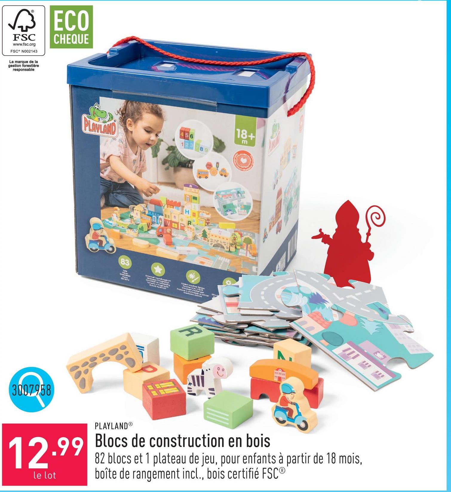 Blocs de construction en bois 82 blocs et 1 plateau de jeu, convient aux enfants à partir de 18 mois, boîte de rangement incl., bois certifié FSC®