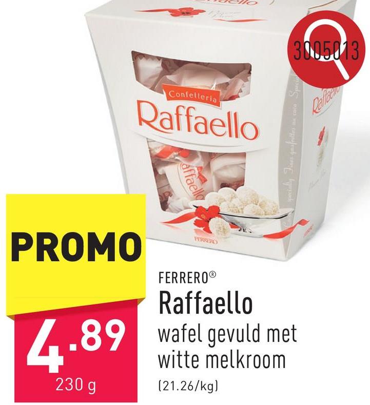 Raffaello wafel gevuld met witte melkroom en wit geblancheerde amandelen, omhuld in kokos-amandeltruffel