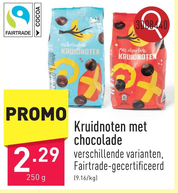 Kruidnoten met chocolade keuze uit melkchocolade en pure chocolade, Fairtrade-gecertificeerd