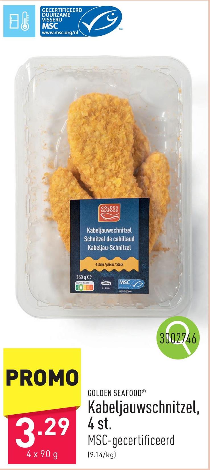 Kabeljauwschnitzel, 4 st. duurzaam gevangen kabeljauw in een krokant jasje, MSC-gecertificeerd