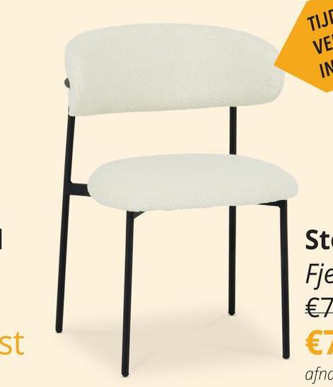 Stoel FJERRE Bouclé Ecru Maak kennis met de veelzijdige en stijlvolle FJERRE stoel, een perfecte aanvulling op jouw interieur.&nbsp;De FJERRE stoel, gehuld in een prachtige ecru kleur en vervaardigd uit zacht bouclé materiaal, straalt een tijdloze elegantie uit die moeiteloos past in elke ruimte. De zwarte poten voegen een vleugje eigentijdse flair toe aan zijn design.Met een breedte van 54 cm, een hoogte van 79 cm en een comfortabele zithoogte van 49 cm, biedt de FJERRE niet alleen een stijlvolle uitstraling, maar ook optimaal zitcomfort.Deze stoel is zowel stevig als gezellig, dankzij het metalen frame dat solide ondersteuning biedt en de prachtig gebogen zitting die een eigentijdse look toevoegt aan elke moderne ruimte.Of je nu je eetkamer, woonkamer of studeerkamer wilt verfraaien, de FJERRE stoel belooft een moderne en gezellige toevoeging te zijn die je interieur naar nieuwe hoogten tilt.