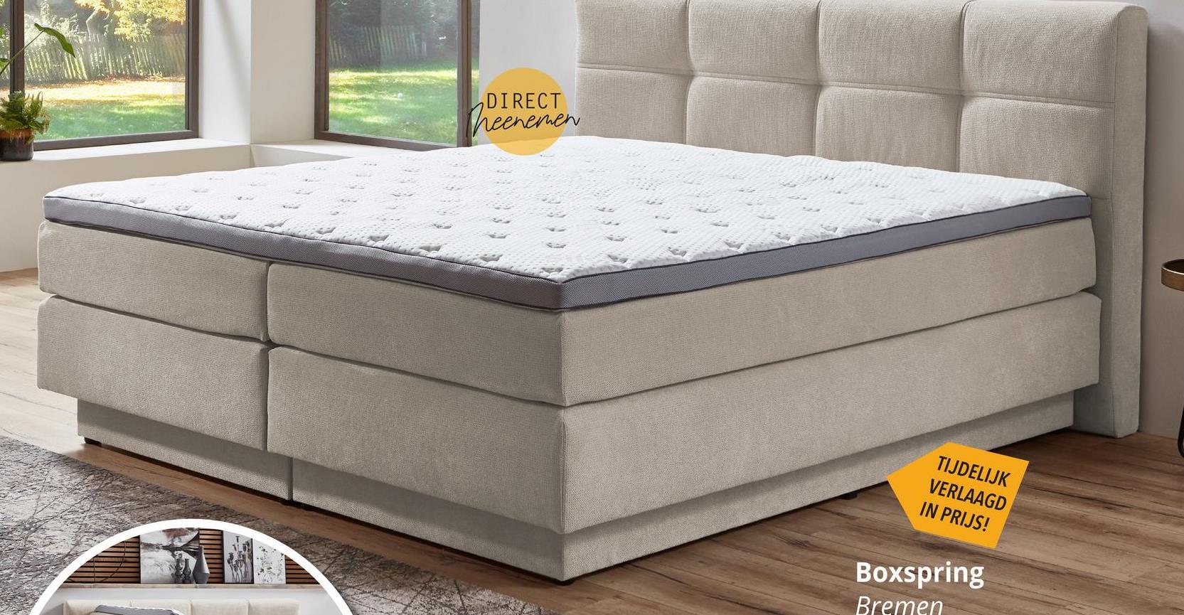 Boxspring BREMEN beige 180x200 Kies voor een goede nachtrust met boxspring BREMEN. Begin de dag fris en energiek dankzij het gezellige en stijlvolle design in een warme beige tint. Het gestoffeerde hoofdeinde met dubbele sierstiksels nodigt uit om comfortabel achterover te leunen terwijl je rustig een boek leest of ontspannen op je telefoon scrolt.&nbsp;De boxspring BREMEN biedt niet alleen comfort, maar ook handige opbergruimte. Hier kun je gemakkelijk dekens, kussens en andere benodigdheden netjes opbergen, waardoor het de ideale plek is om zorgeloos thuis tot rust te komen.Met afmetingen van 180x200 biedt dit bed voldoende ruimte om van een goede nachtrust te genieten.Maak van je slaapkamer een oase van ontspanning met de boxspring BREMEN en start elke dag met hernieuwde energie.