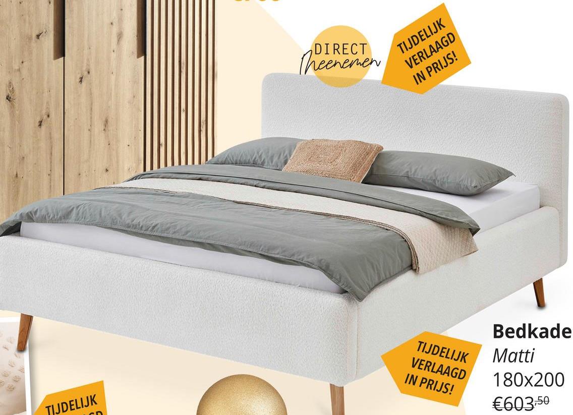 Bedkader MATTI Abriamo Beige 180x200 Betreed de betoverende wereld van bedkader MATTI, waar Scandinavische charme en eigentijdse elegantie samenkomen. Dit bed omarmt je slaapkamer met zijn eenvoudige, maar trendy ontwerp, waardoor een knusse oase van rust ontstaat.Het moderne stoffering, het aangenaam hoge hoofdbord en de kenmerkende houten poten voegen stijlvolle accenten toe aan de algehele uitstraling. MATTI belichaamt niet alleen design, maar ook comfort met zijn afgeronde vormen die een zachte, uitnodigende sfeer creëren. Het is alsof dit bed je uitnodigt om snel in de wereld van dromen te duiken.Prijs exclusief lattenbodem en matras.