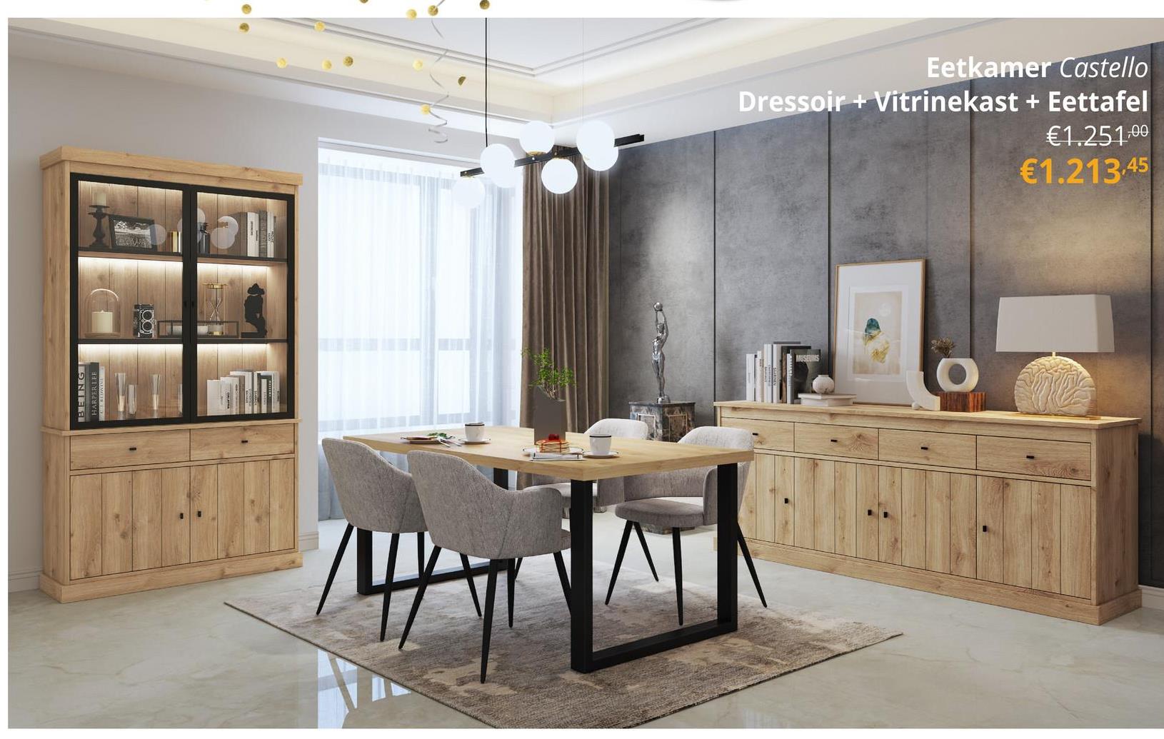 Eetkamer CASTELLO: Dressoir + Vitrinekast + Eettafel 210x98 + 4x Stoelen BARKER Natural Maak kennis met de eetkamer CASTELLO, een perfecte combinatie van elegantie en functionaliteit voor jouw moderne huis. Deze set omvat een ruime dressoir, een stijlvolle vitrinekast, een eettafel, en vier comfortabele Barker in een mooie, beige kleur.De dressoir, vitrinekast en eettafel zijn afgewerkt in hoogwaardig naturel eiken melamine, wat zorgt voor een duurzame en onderhoudsvriendelijke uitstraling. Elk stuk is vervaardigd uit melamine op spaanplaat en voorzien van decoratieve frames in MDF. De handvaten in zink voegen een subtiel industriële touch toe, terwijl de lades met metalen glijders een soepele en geruisloze werking garanderen.De vitrinekast biedt optionele ledverlichting om jouw mooiste servies of decoratieve items extra te laten stralen. De Barker stoelen in voegen een vleugje luxe en comfort toe aan jouw eetervaring.Deze set bestaat uit:Dressoir B225xH90xD50Vitrinekast B124xH220xD40Eettafel 210x984x stoelen BARKER Natural