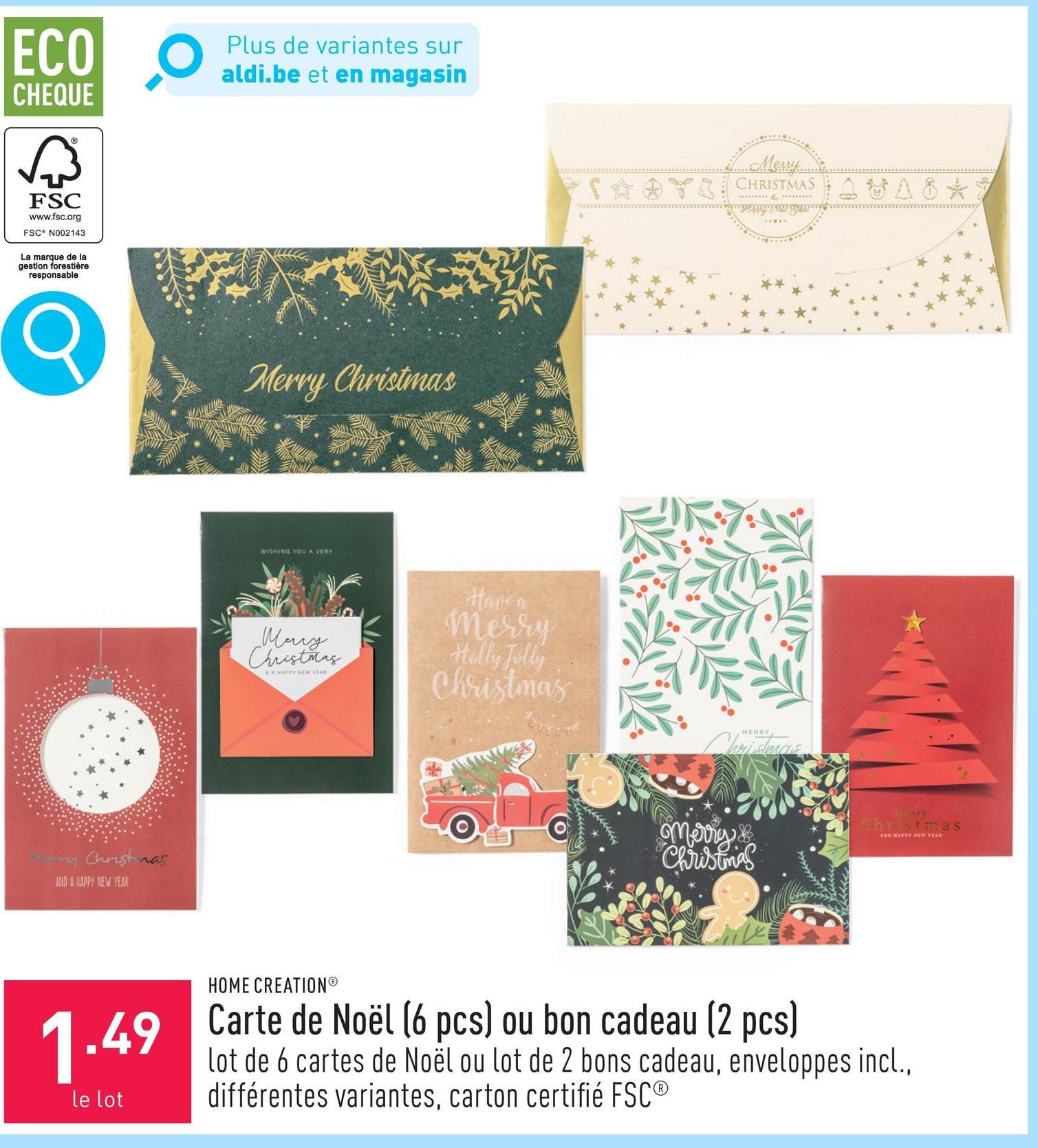 Carte de Noël (6 pcs) ou bon cadeau (2 pcs) choix entre lot de 6 cartes de Noël et lot de 2 bons cadeau, enveloppes incl., choix entre différentes variantes, carton certifié FSC®