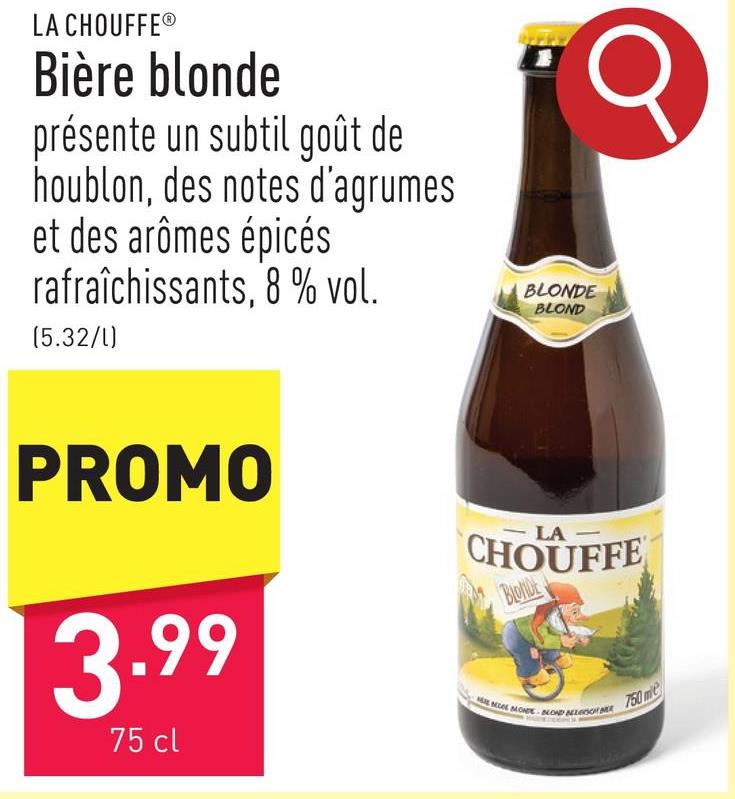 Bière blonde présente un subtil goût de houblon, des notes d’agrumes et des arômes épicés rafraîchissants, 8 % vol.