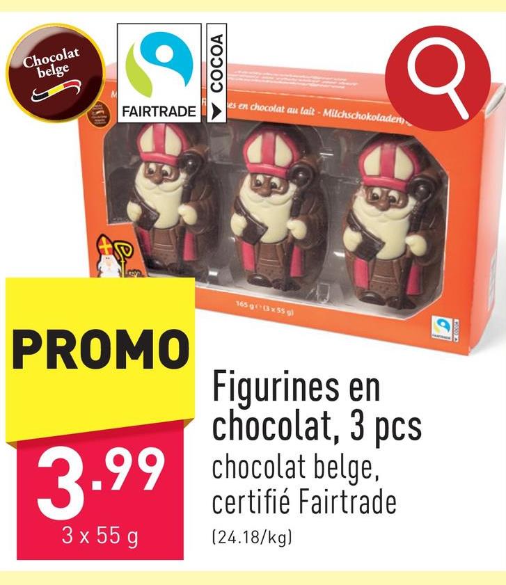 Figurines en chocolat, 3 pcs chocolat belge, certifié Fairtrade