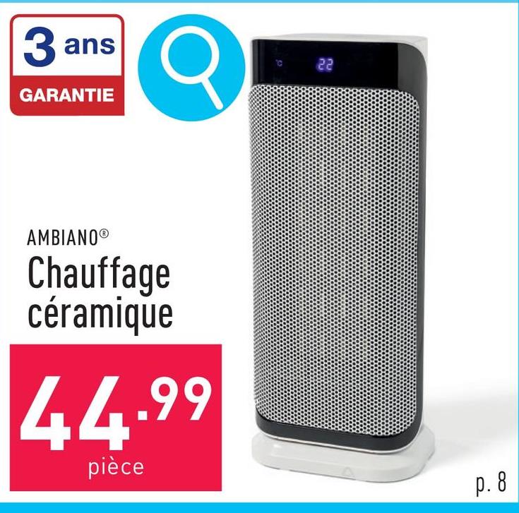 Chauffage céramique 2000 W, 17 x 12,5 x 41,2 cm, avec filtre à air, fonction oscillation, protection antibasculement, écran numérique, télécommande incl.