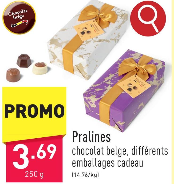 Pralines pralines aux divers fourrages (blanches, au chocolat au lait et au chocolat noir), chocolat belge, choix entre différents emballages cadeau