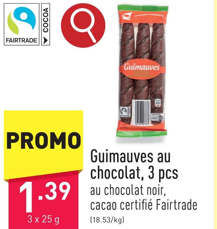 Guimauves au chocolat, 3 pcs au chocolat noir, cacao certifié Fairtrade