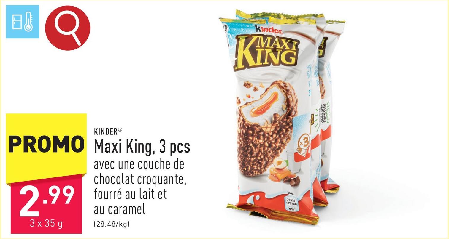 Maxi King, 3 pcs encas composé d’une couche de chocolat croquante, fourré au lait et au caramel