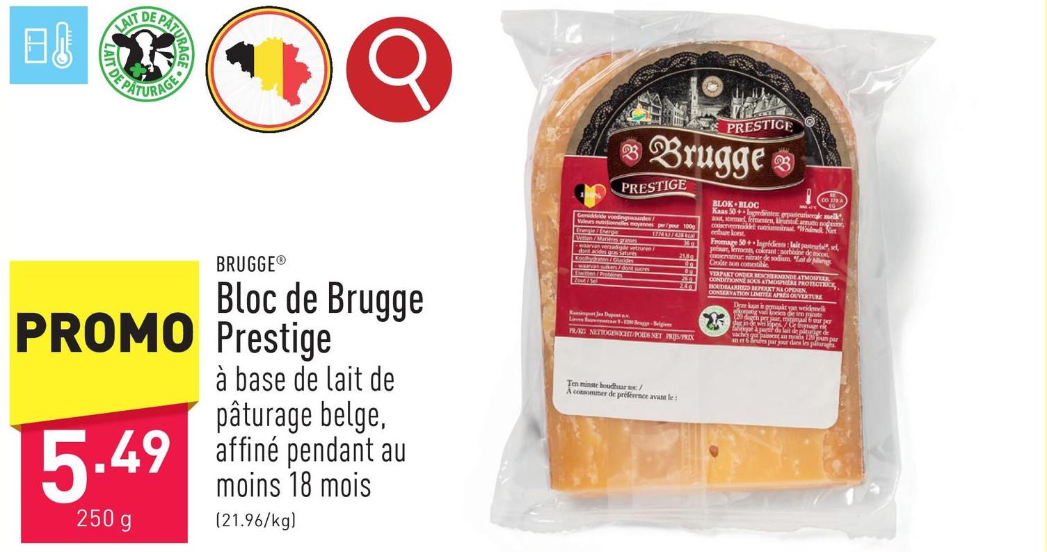 Bloc de Brugge Prestige fromage à pâte dure au goût prononcé et à la belle texture friable, à base de lait de pâturage belge, affiné pendant au moins 18 mois