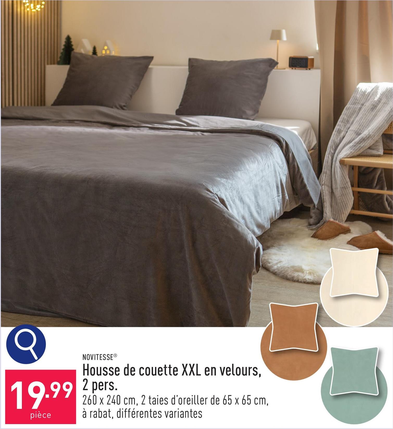 Housse de couette XXL en velours, 2 pers. polyester, 260 x 240 cm, douce et souple, 2 taies d'oreiller de 65 x 65 cm, à rabat, choix entre différentes variantes, certifiée OEKO-TEX®