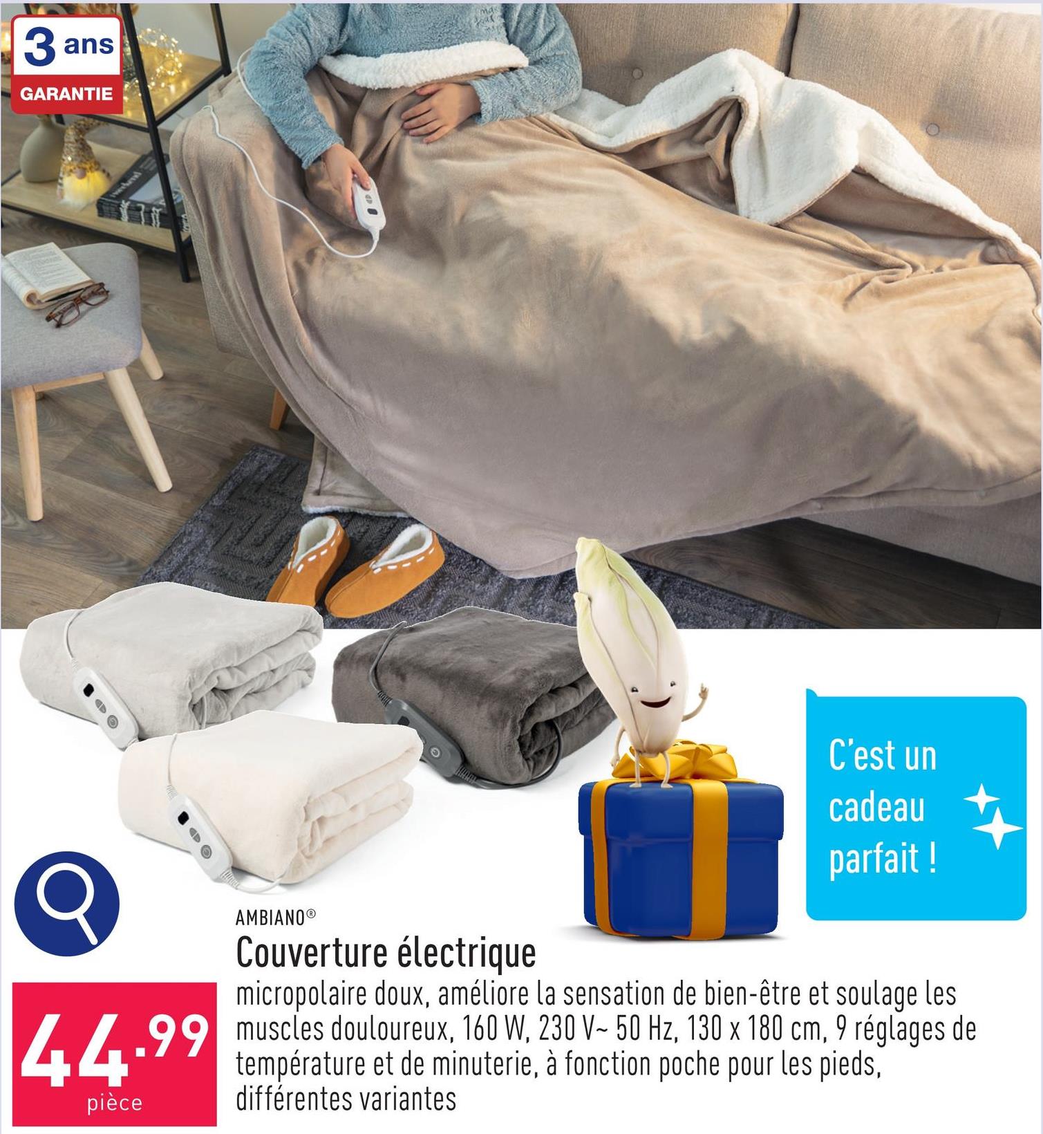 Couverture électrique micropolaire doux, la chaleur améliore la sensation de bien-être et peut soulager les petites tensions comme les muscles douloureux, 160 W, 230 V~ 50 Hz, 130 x 180 cm, 9 réglages de température et 9 réglages de minuterie, à fonction poche pour les pieds, protection antisurchauffe, longueur du cordon : 2,5 m, choix entre différentes variantes