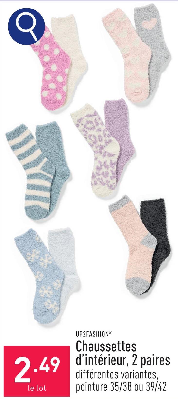 Chaussettes d’intérieur, 2 paires polyester/élasthanne/fluffy, choix entre différents variantes, pointure 35/38 ou 39/42, certifiées OEKO-TEX®