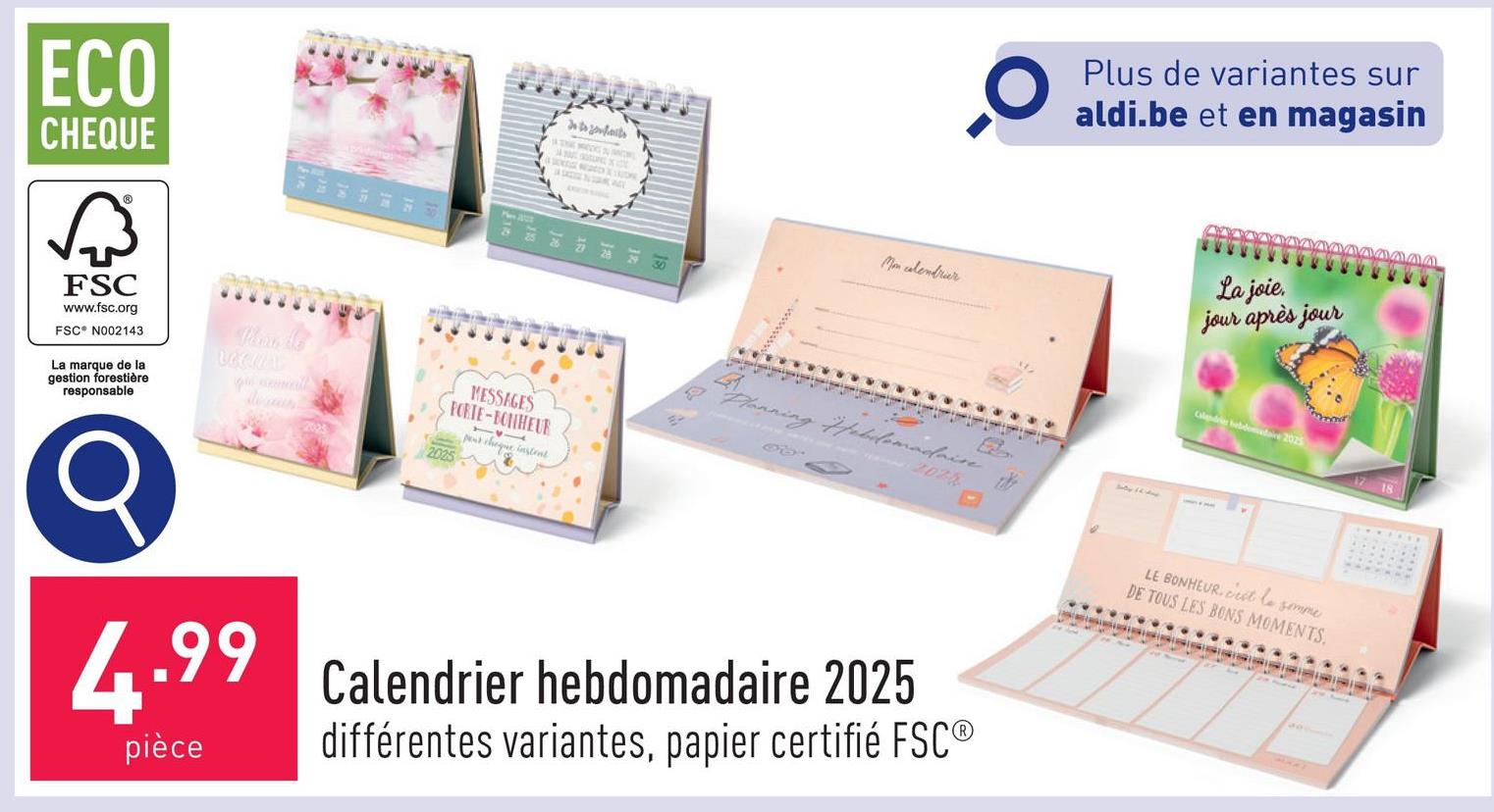 Calendrier hebdomadaire 2025 choix entre différentes variantes, papier certifié FSC®