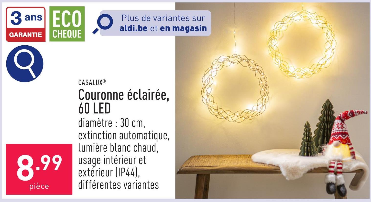 Couronne éclairée, 60 LED diamètre : 30 cm, extinction automatique, lumière blanc chaud, usage intérieur et extérieur (IP44), choix entre différentes variantes, piles incl.