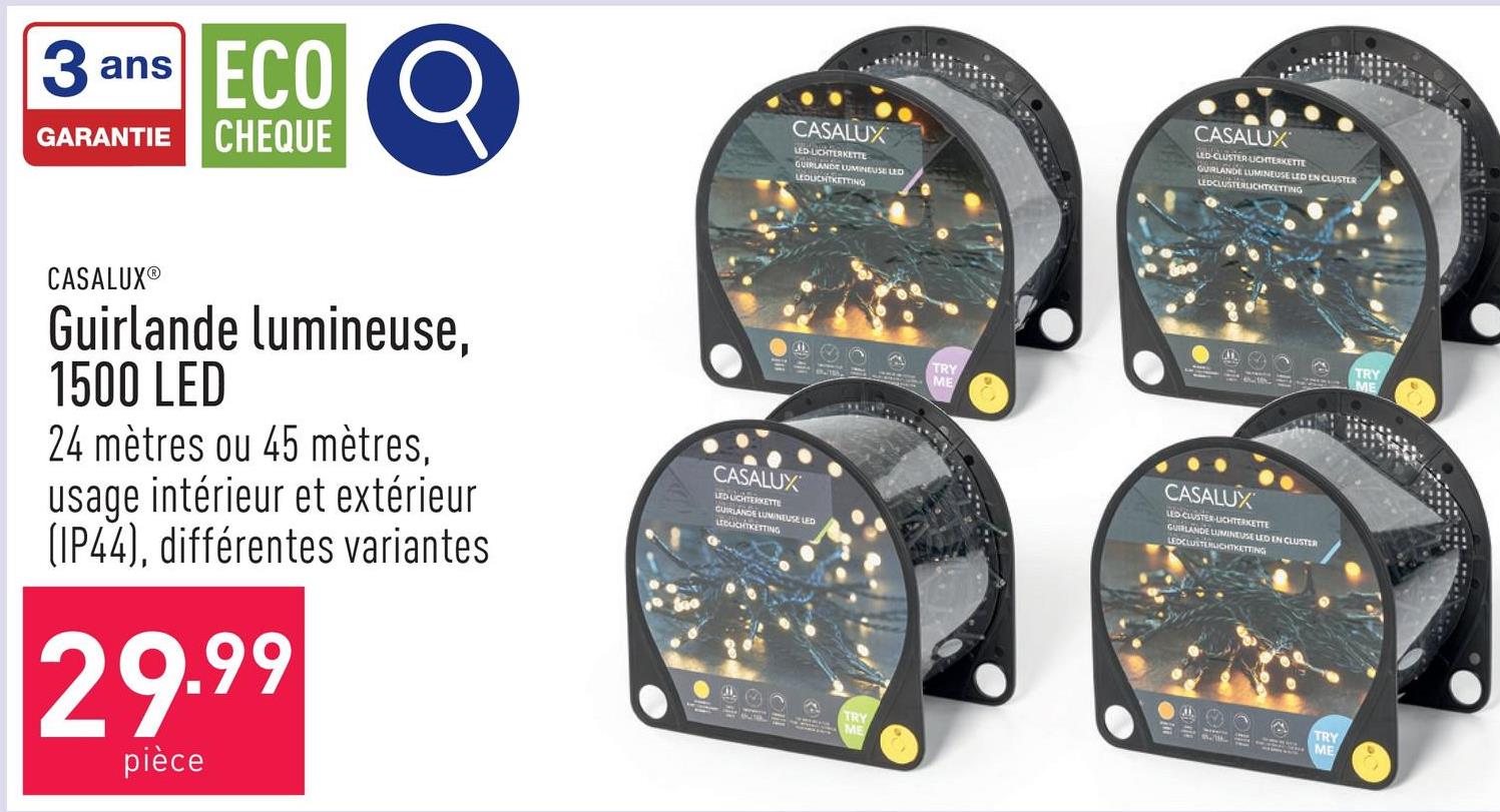 Guirlande lumineuse, 1500 LED choix entre 24 mètres et 45 mètres, 8 fonctions, fonction minuterie, fonction mémorisation, gradable, usage intérieur et extérieur (IP44), choix entre différentes variantes, télécommande et enrouleur de câble incl.