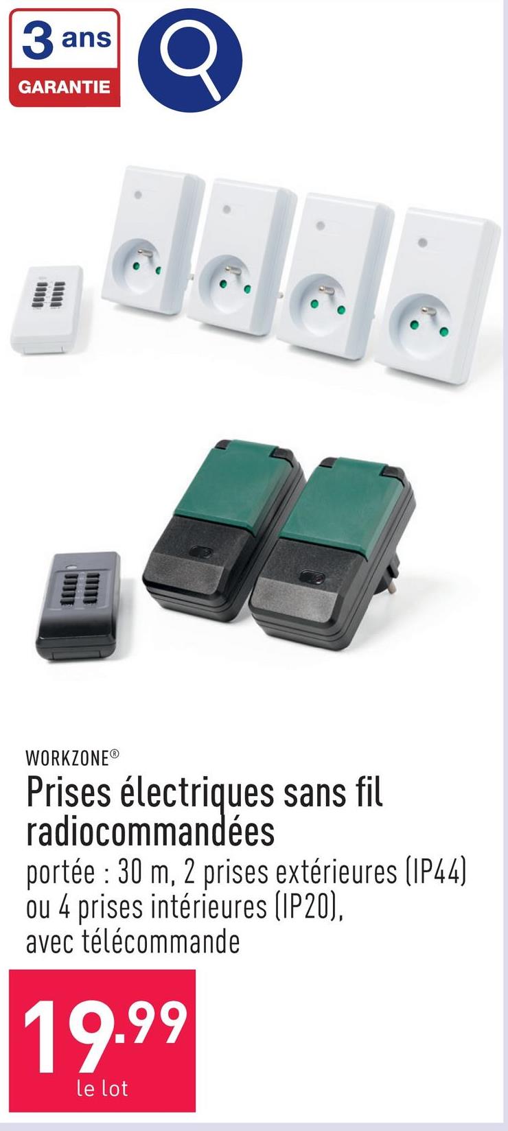 Prises électriques sans fil radiocommandées portée de 30 m, choix entre 2 prises extérieures (IP44) et 4 prises intérieures (IP20), avec télécommande (piles comprises)