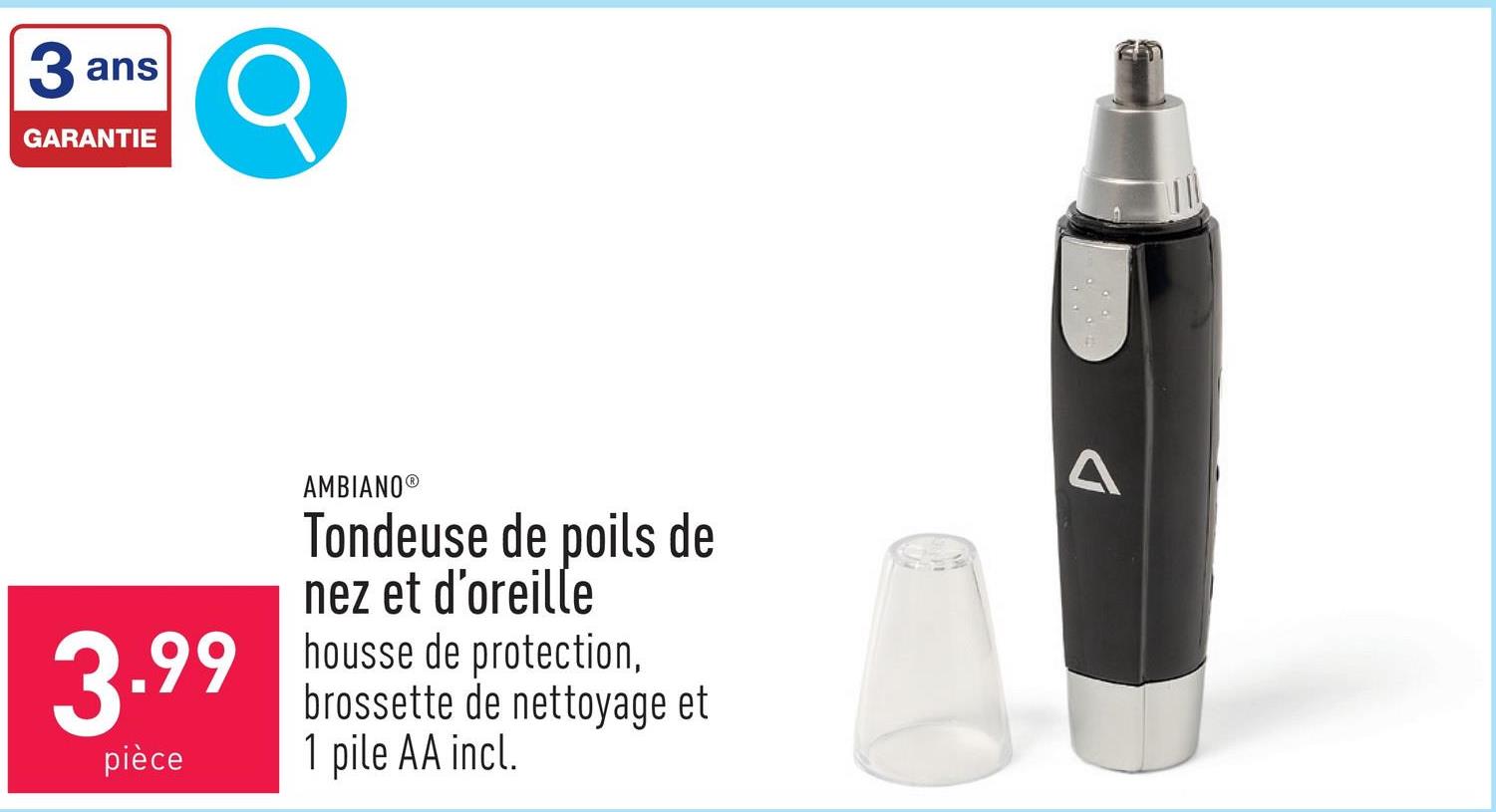 Tondeuse de poils de nez et d’oreille sans fil, les lames pivotent sur 360°, housse de protection, brossette de nettoyage et 1 pile AA incl.