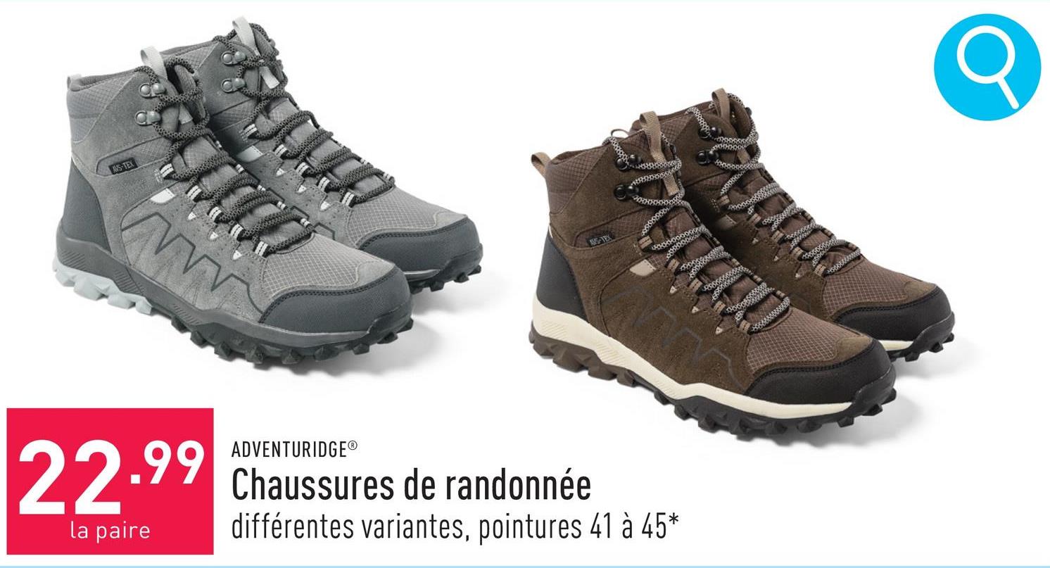 Chaussures de randonnée choix entre différentes variantes, pointures 37 à 41* pour femmes et pointures 41 à 45 pour hommes