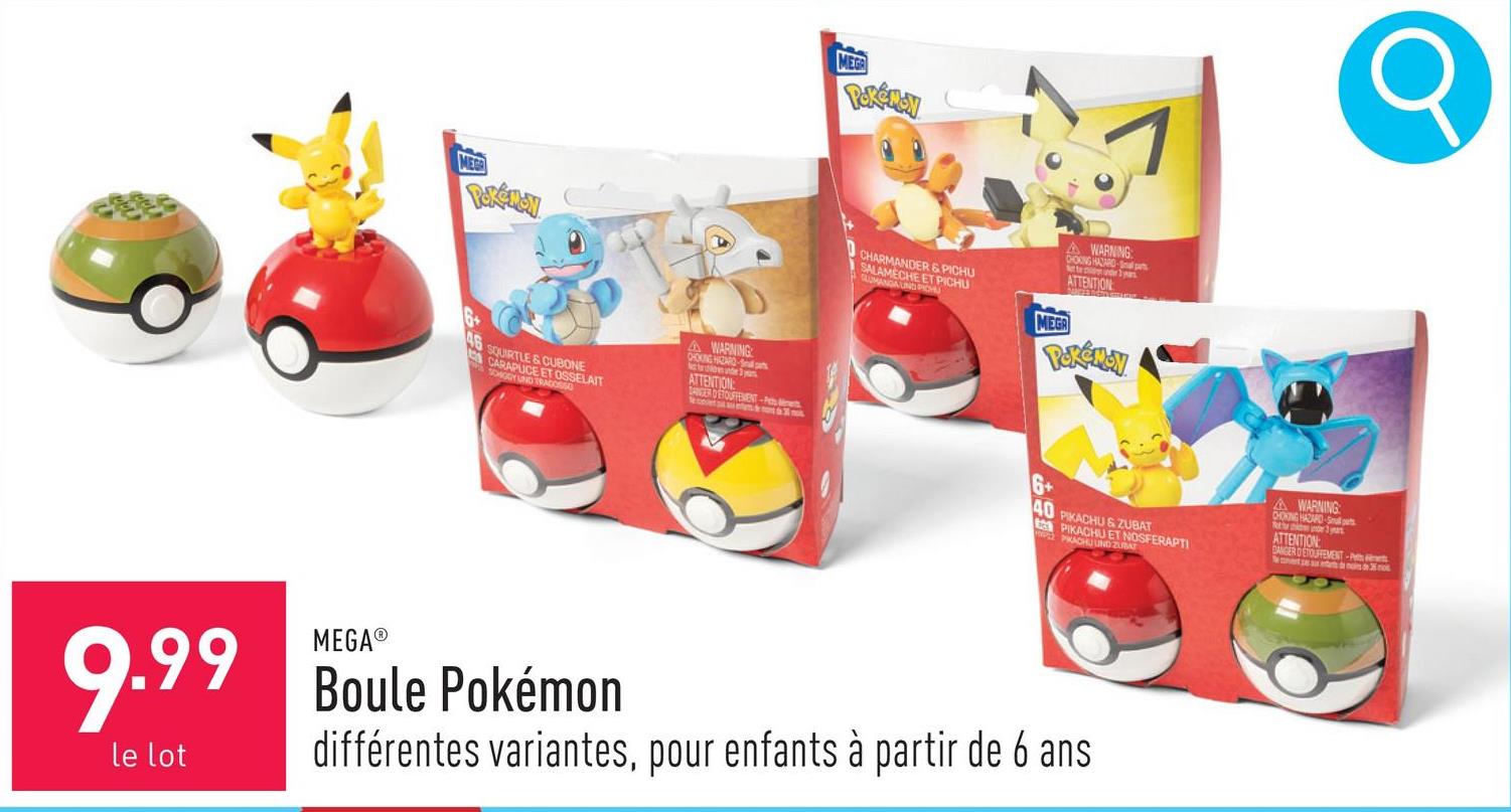 Boule Pokémon choix entre ensemble comprenant Pikachu et Nosferapti (40 pièces), Carapuce et Osselait (46 pièces) et Salamèche et Pichu (40 pièces), convient aux enfants à partir de 6 ans