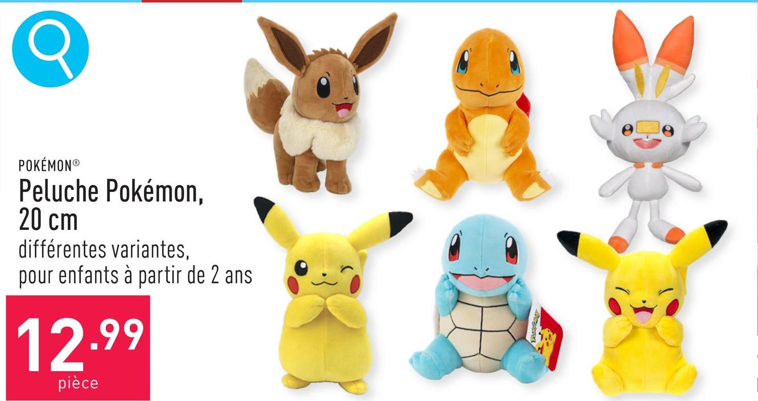 Peluche Pokémon, 20 cm choix entre Pikachu, Salamèche, Évoli, Carapuce et Flambino, convient aux enfants à partir de 2 ans