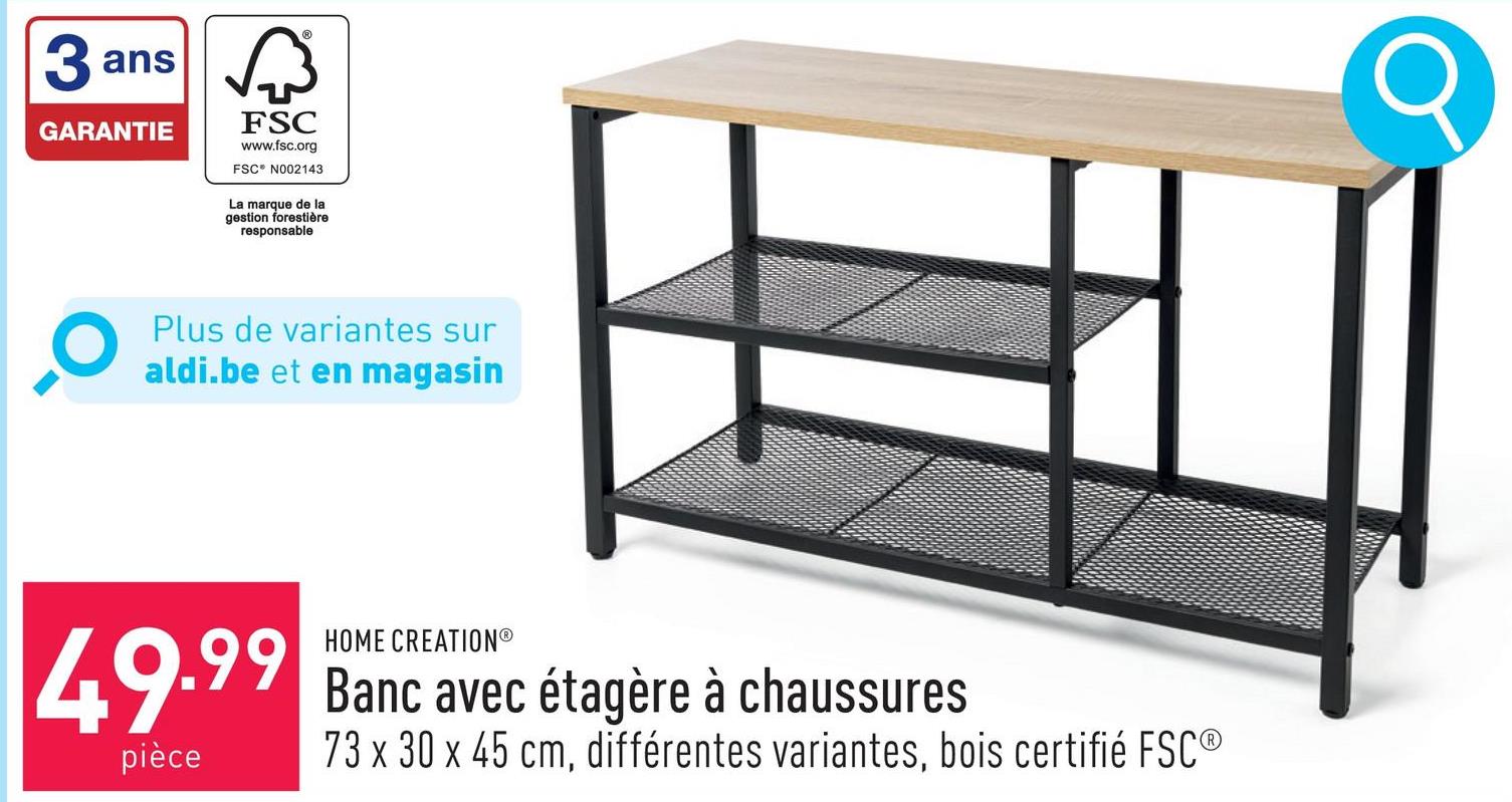 Banc avec étagère à chaussures avec 2 planches ajourées en métal, assise en panneau aggloméré à motif chêne, 73 x 30 x 45 cm, montage facile et rapide, choix entre différentes variantes, bois certifié FSC®