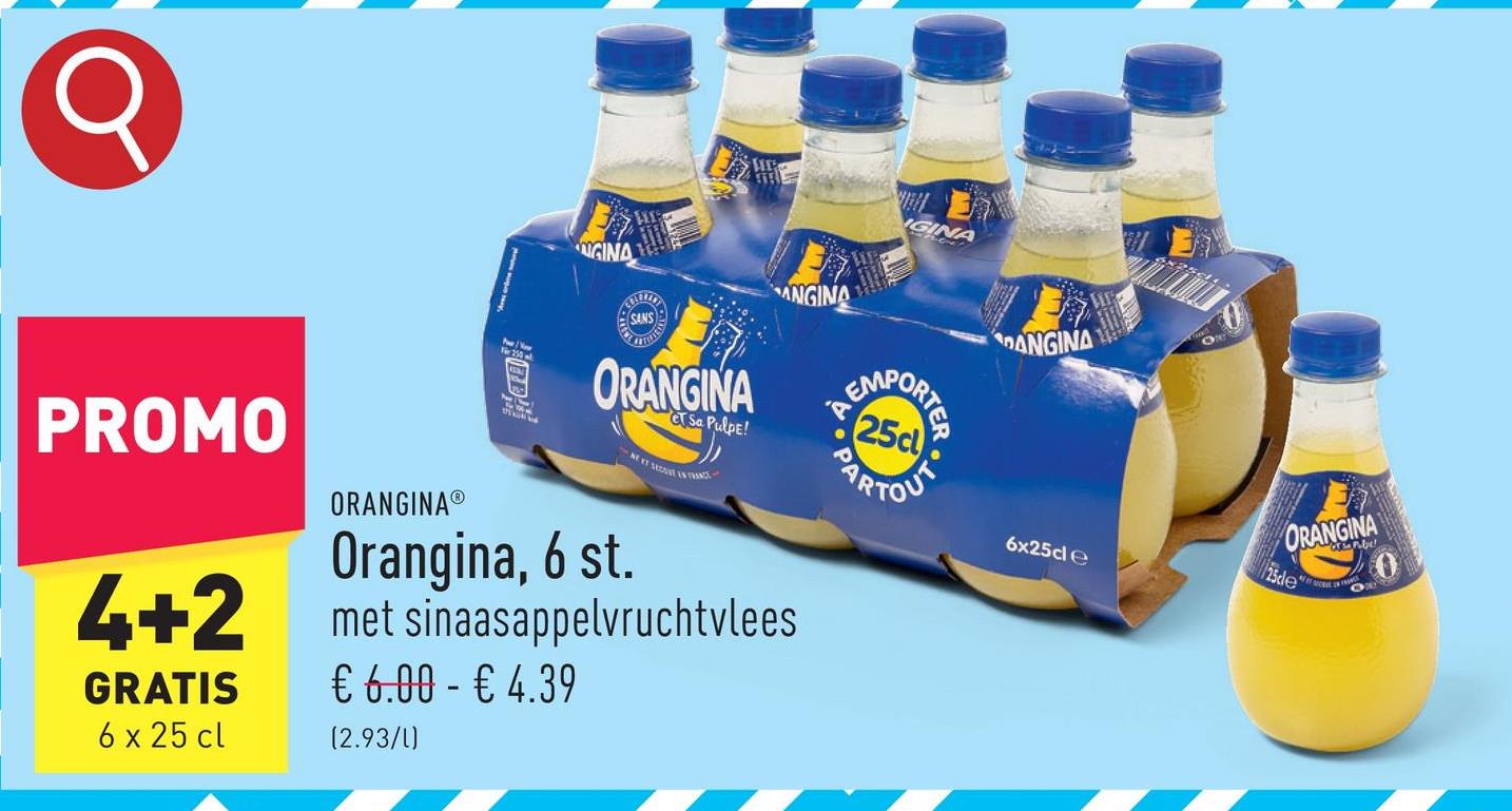 Orangina, 6 st. met sinaasappelvruchtvlees en lichte bubbels, zonder toegevoegde kleurstoffen of kunstmatige smaakstoffen