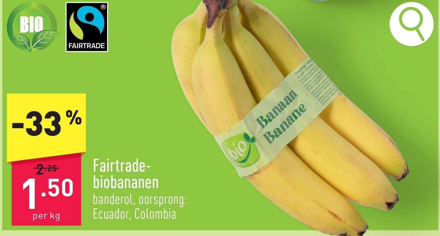 Fairtrade-biobananen banderol, oorsprong: Ecuador, Colombia