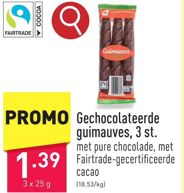 Gechocolateerde guimauves, 3 st. met pure chocolade, met Fairtrade-gecertificeerde cacao