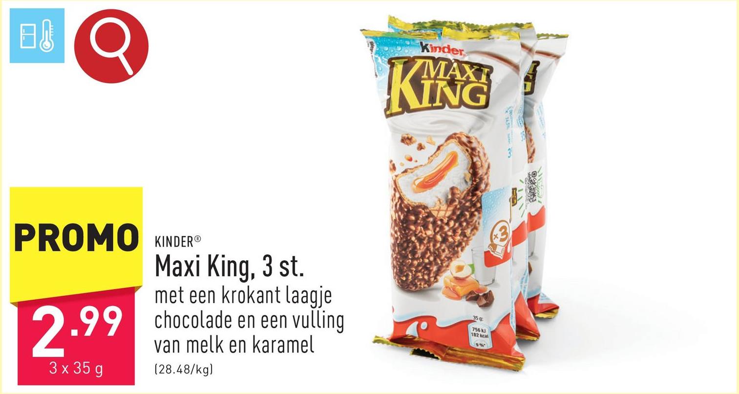 Maxi King, 3 st. tussendoortje met een krokant laagje chocolade en een vulling van melk en karamel