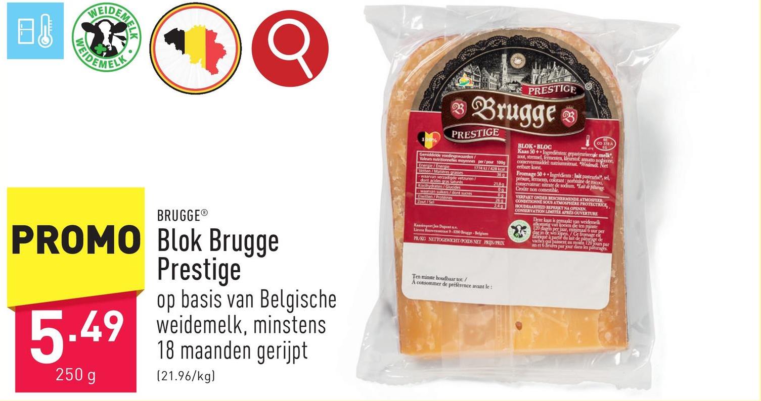 Blok Brugge Prestige harde kaas met een uitgesproken smaak en een mooie brokkeltextuur, op basis van Belgische weidemelk, minstens 18 maanden gerijpt