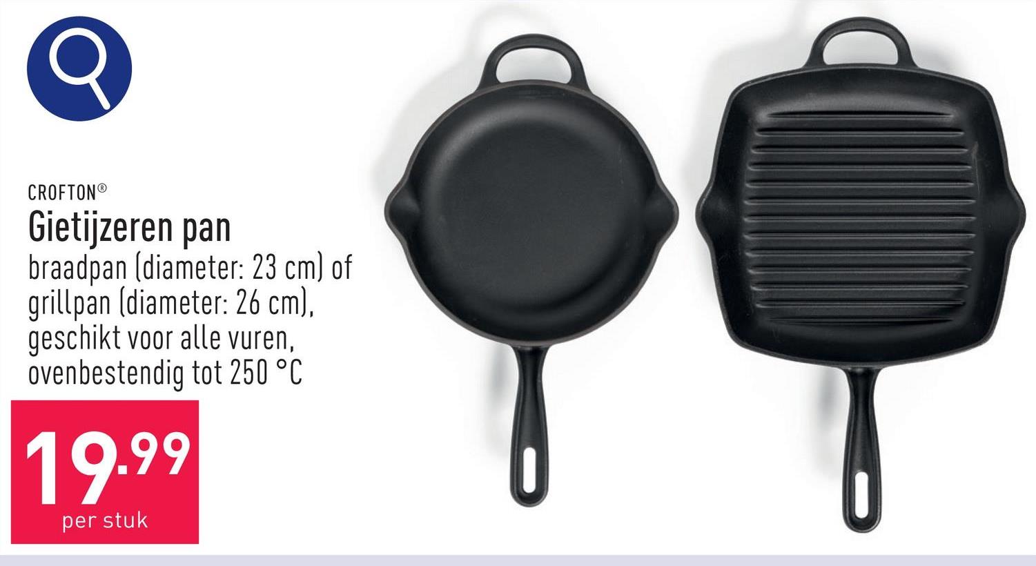 Gietijzeren pan keuze uit braadpan (diameter: 23 cm) en grillpan (diameter: 26 cm), geschikt voor alle vuren (ook inductie), ovenbestendig tot 250 °C