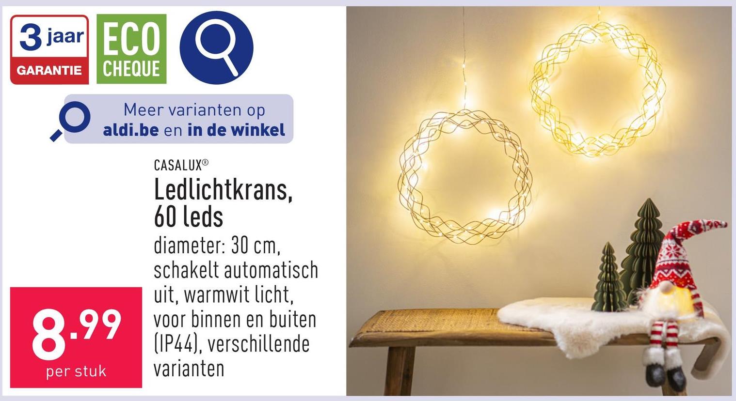 Ledlichtkrans, 60 leds diameter: 30 cm, schakelt automatisch uit, warmwit licht, voor binnen-en buitengebruik (IP44), keuze uit verschillende varianten, incl. batterijen