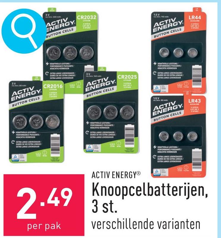 Knoopcelbatterijen, 3 st. keuze uit 3 V/CR2016, 3 V/CR2025, 3 V/CR2032, 1,5 V/LR43 en 1,5 V/LR44