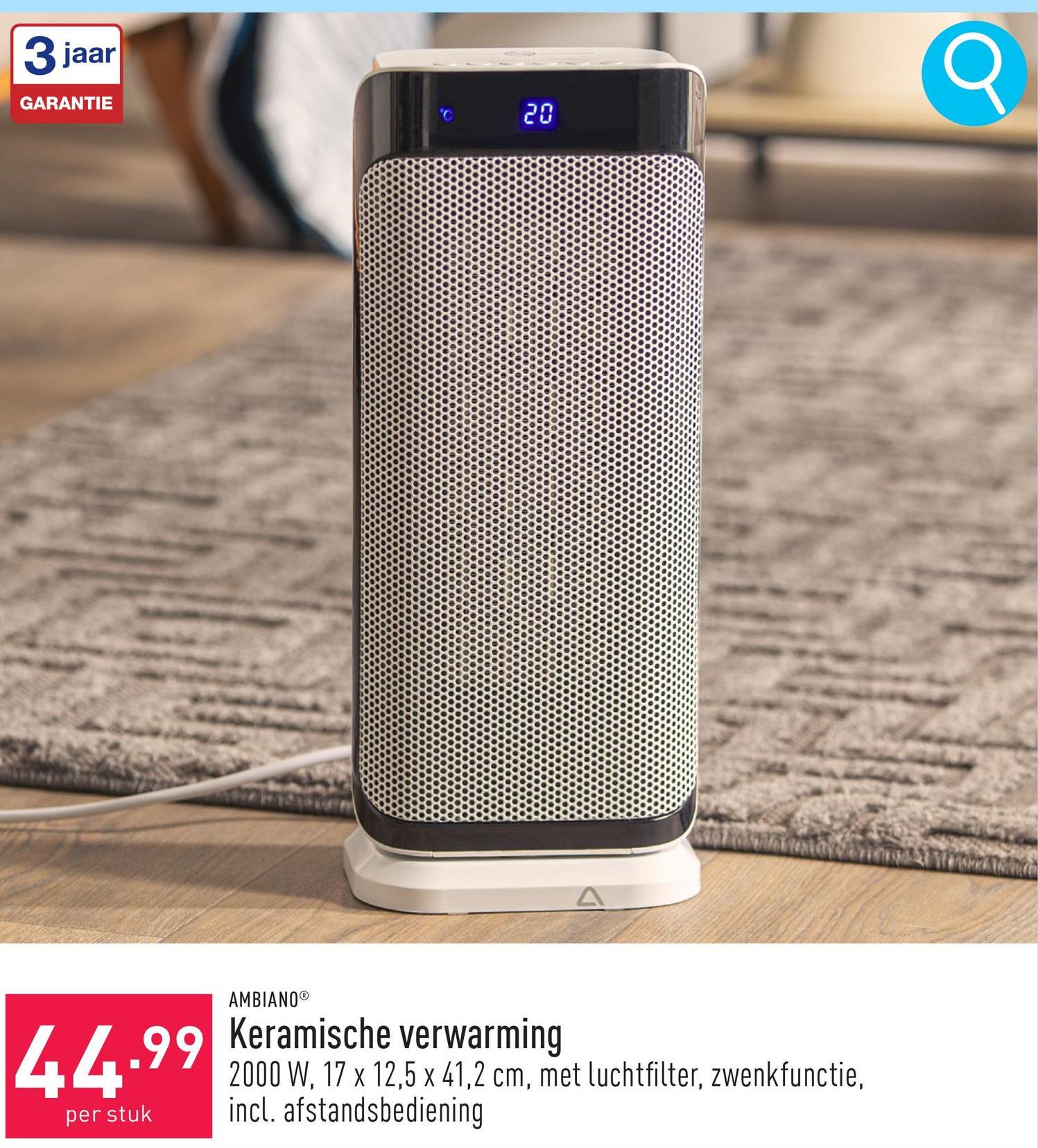 Keramische verwarming 2000 W, 17 x 12,5 x 41,2 cm, met luchtfilter, zwenkfunctie, beveiliging tegen omkantelen, digitaal display, incl. afstandsbediening