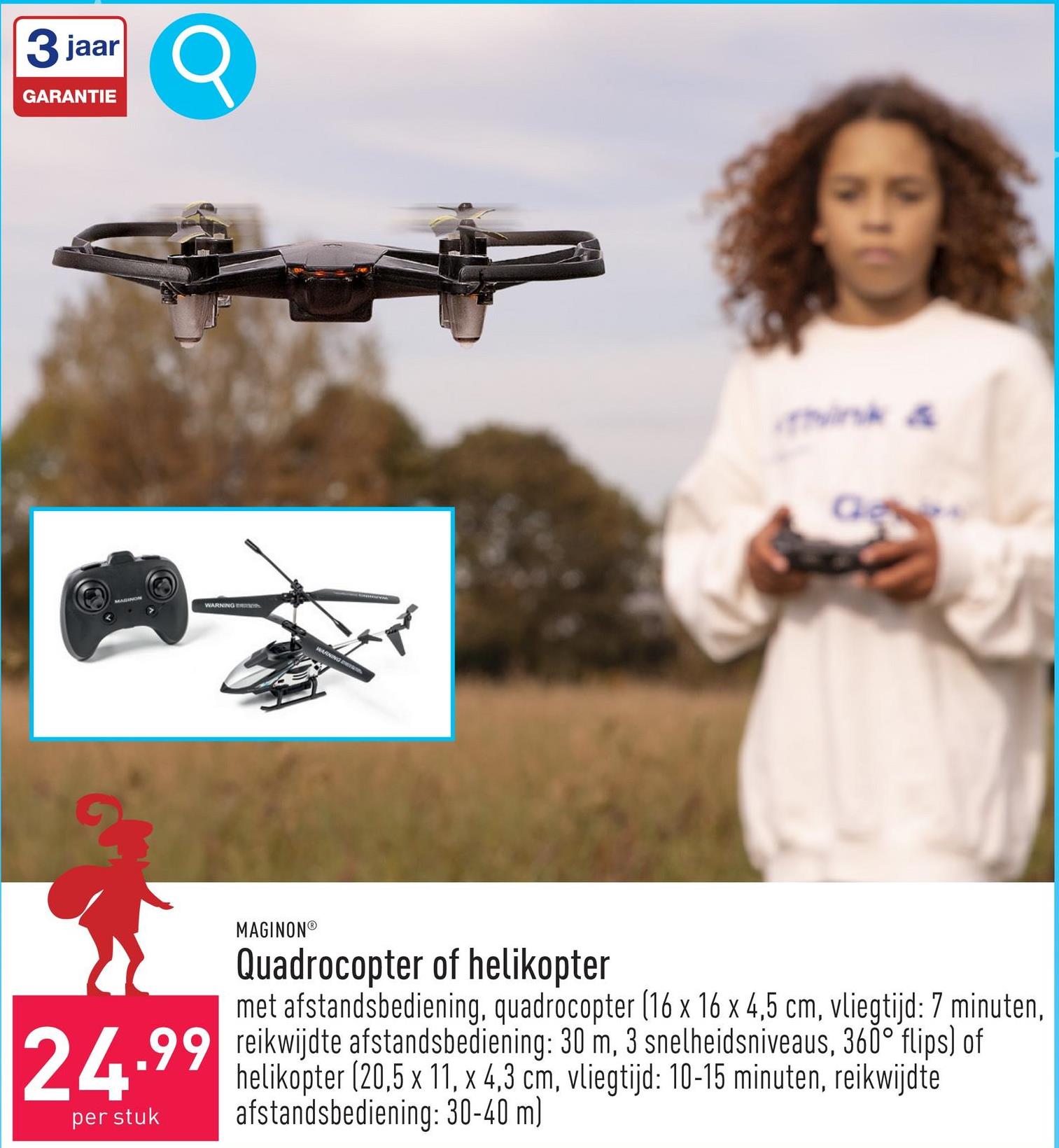 Quadrocopter of helikopter met afstandsbediening, keuze uit quadrocopter (16 x 16 x 4,5 cm, vliegtijd: 7 minuten, reikwijdte afstandsbediening: 30 m, 3 snelheidsniveaus, automatische zweef- en landingsfunctie, noodstopfunctie, 360° flips, 300 mAh, 3 AA-batterijen, USB-laadkabel) en helikopter (20,5 x 11, x 4,3 cm, vliegtijd: 10-15 minuten, reikwijdte afstandsbediening: 30-40 m, 300 mAh, USB-laadkabel, 3 AAA-batterijen)