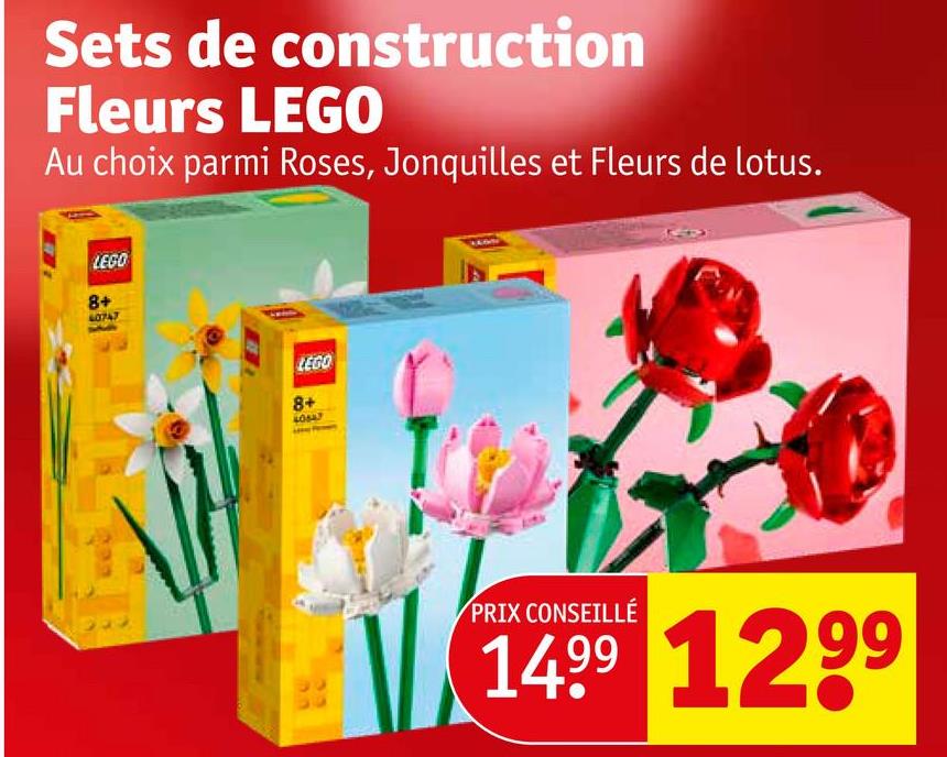 Sets de construction
Fleurs LEGO
Au choix parmi Roses, Jonquilles et Fleurs de lotus.
LEGO
8+
40747
LEGO
8+
40647
PRIX CONSEILLÉ
1499 1299