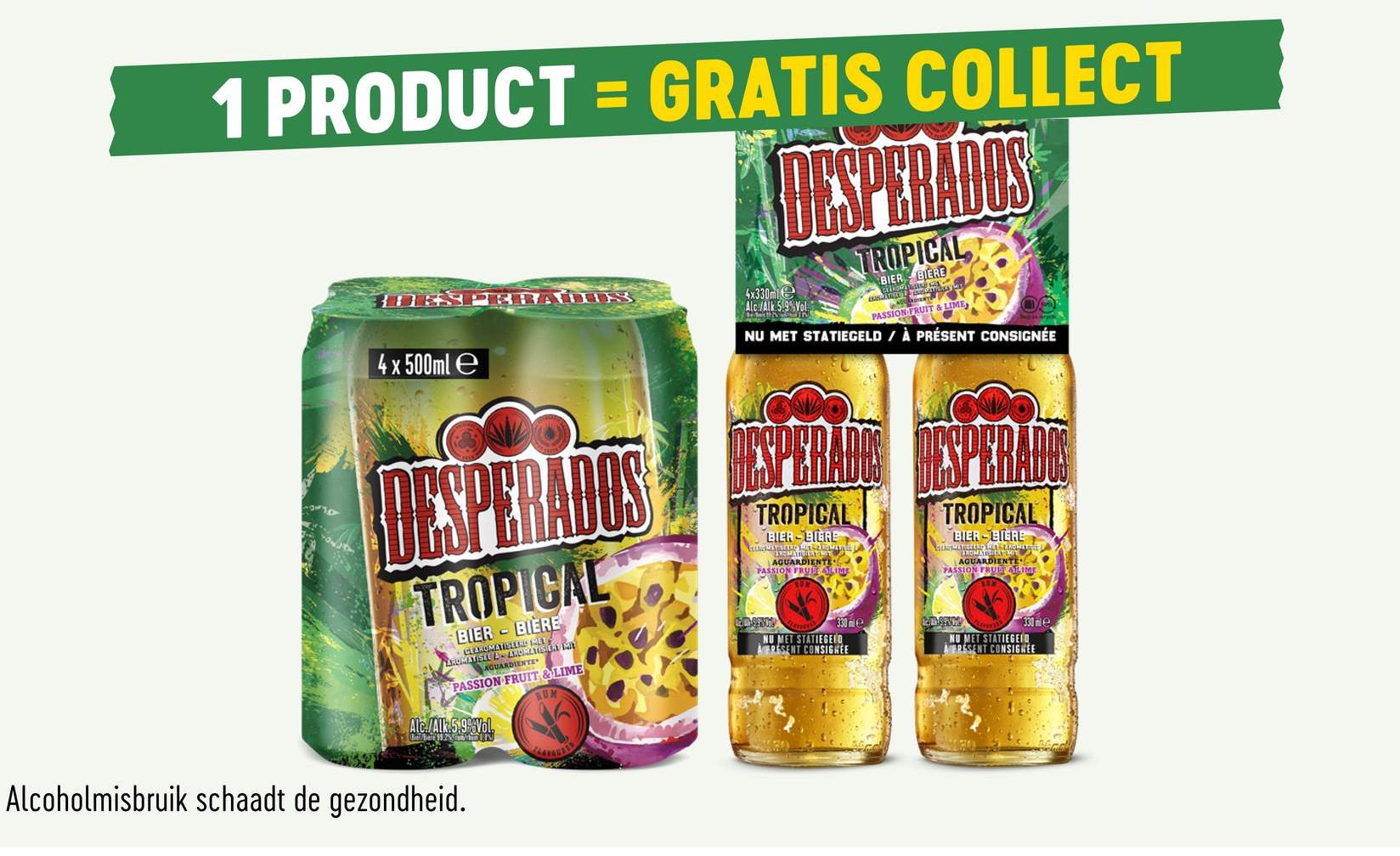 Bier | Tropical | 5,9% alc Desperados Tropical is een exotische combinatie van bier gearomatiseerd met witte rum, passievrucht en limoen. De smaak is verfrissend, zacht en fruitig.