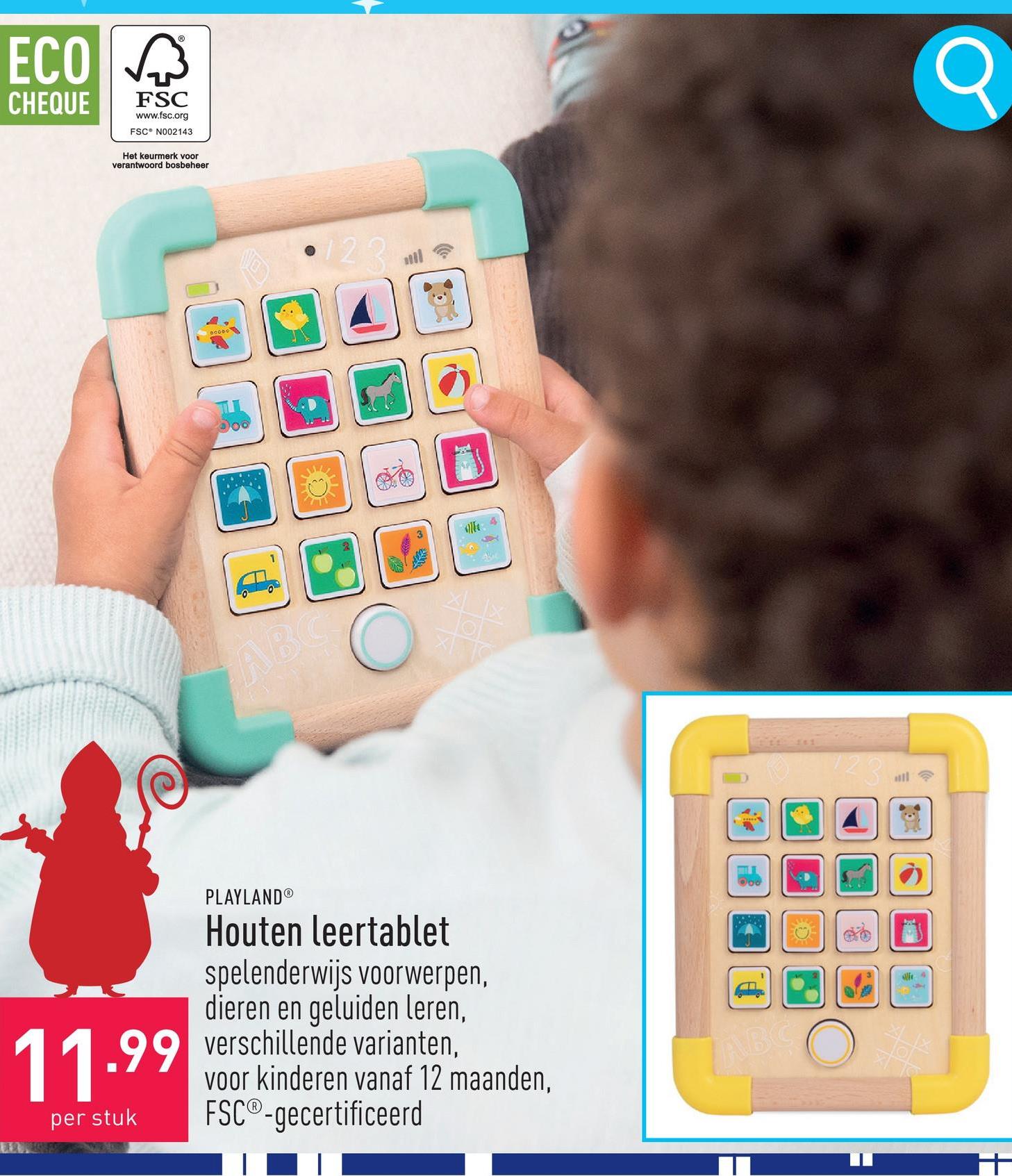 Houten leertablet stimuleert oog-handcoördinatie, ondersteunt de auditieve waarneming door geluiden af te spelen die bij de plaatjes passen, spelenderwijs voorwerpen, dieren en geluiden leren, incl. batterijen, keuze uit verschillende varianten, geschikt voor kinderen vanaf 12 maanden, FSC®-gecertificeerd