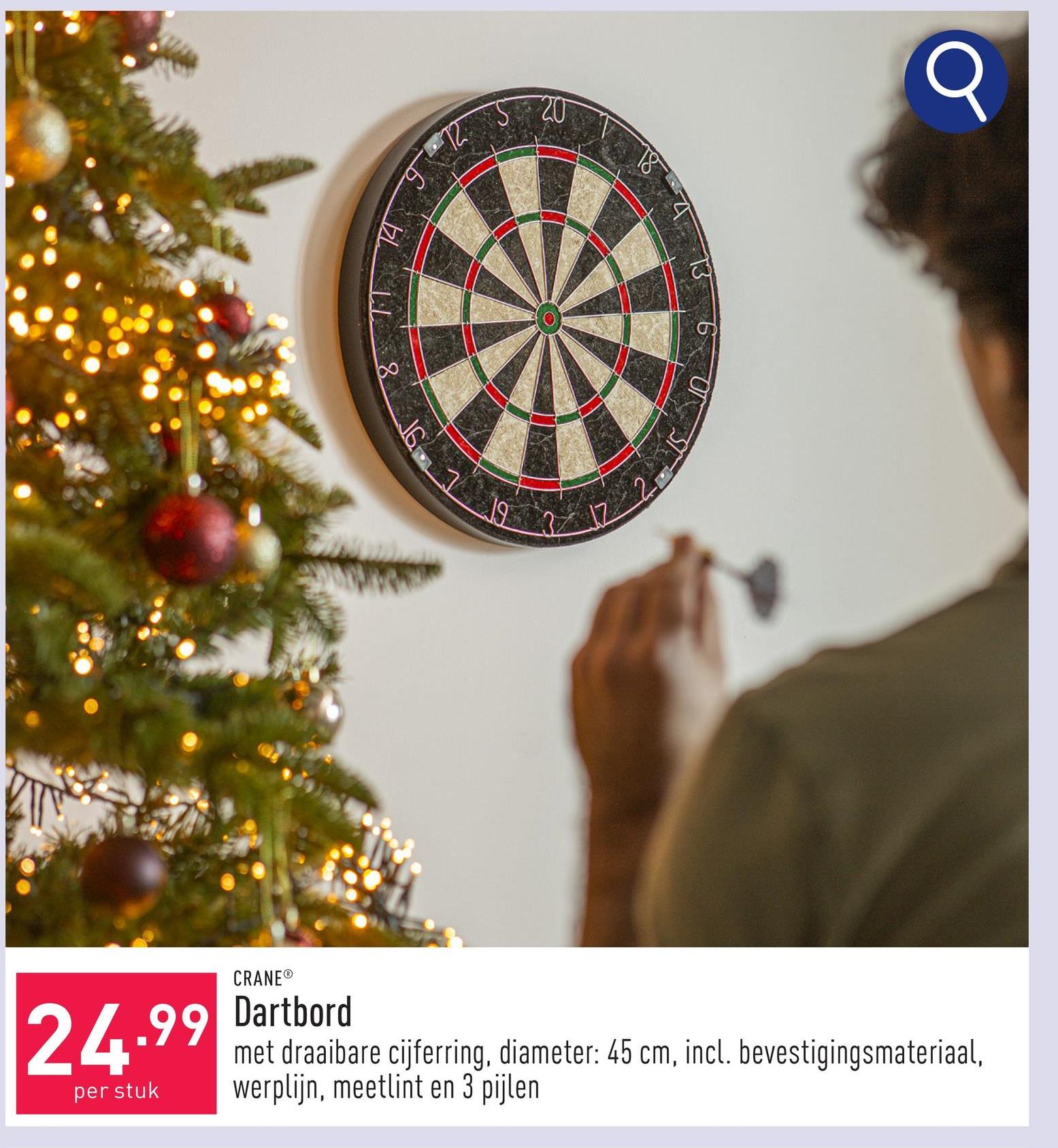 Dartbord met draaibare cijferring, diameter: 45 cm, incl. bevestigingsmateriaal, werplijn, meetlint en 3 pijlen