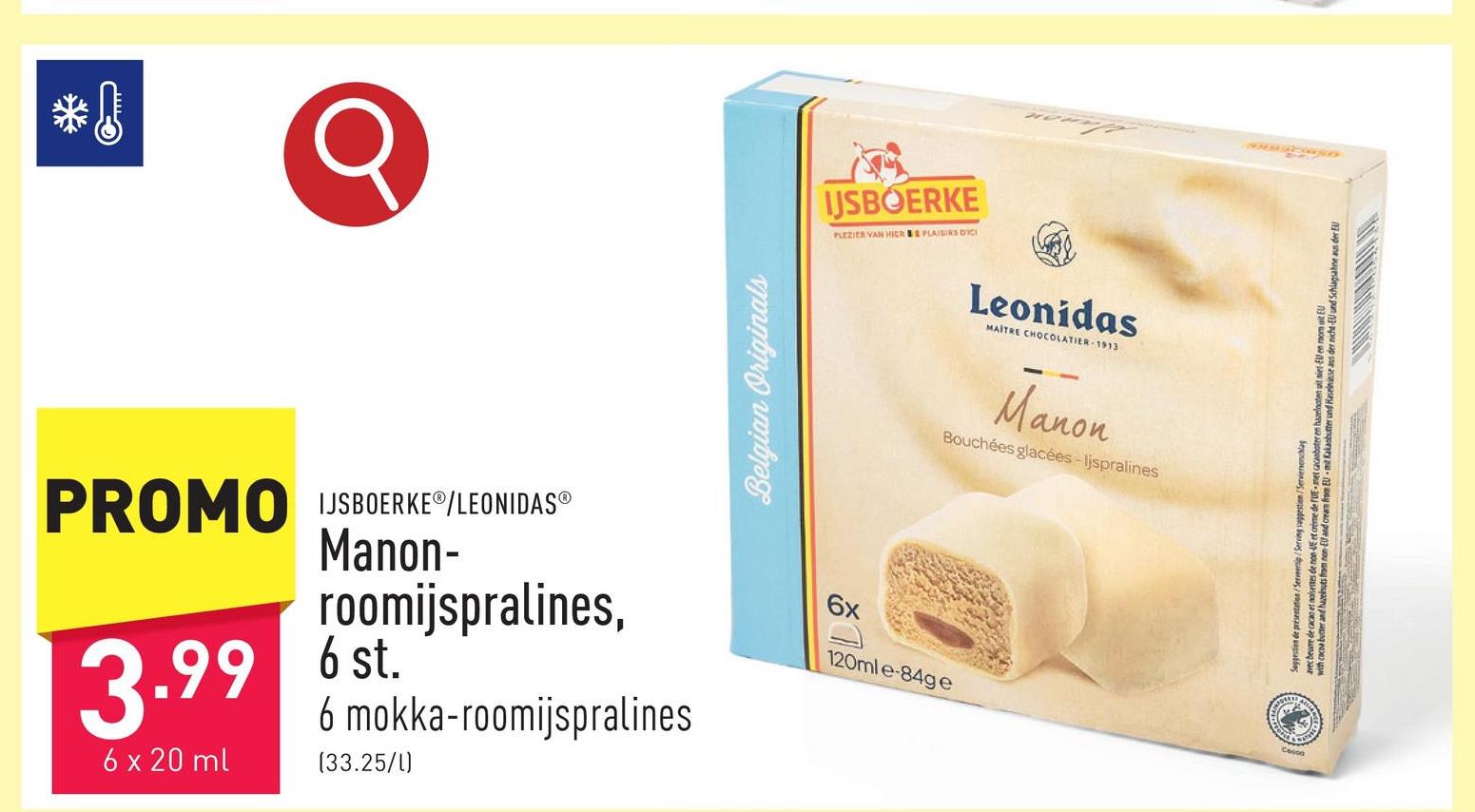 Manon-roomijspralines, 6 st. 6 mokka-roomijspralines, omhuld met Belgische witte chocolade en een kern van hazelnootsaus in het ijs