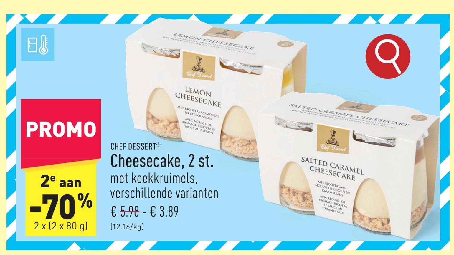 Cheesecake, 2 st. met koekkruimels, keuze uit citroen en gezouten karamel