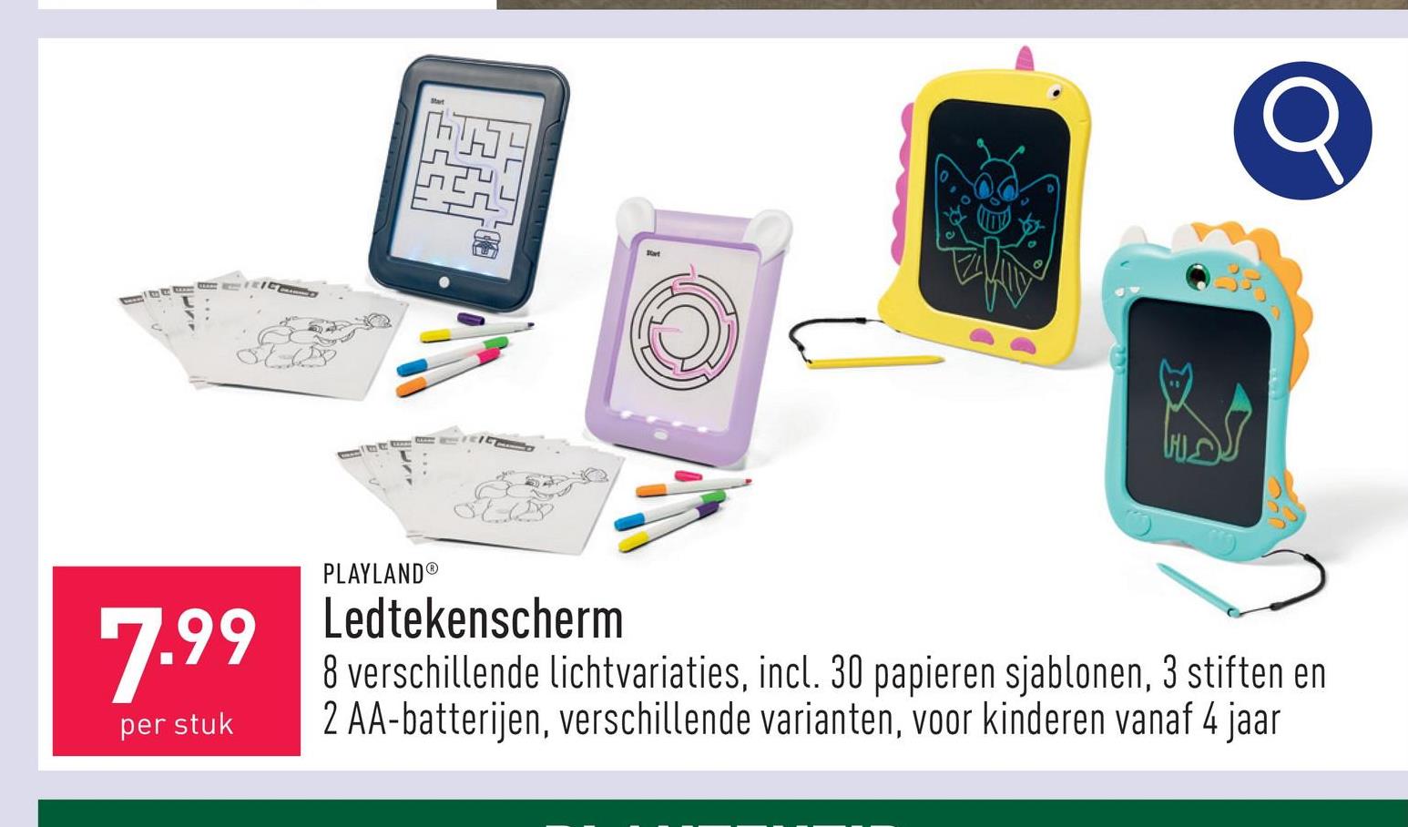 Ledtekenscherm stimuleert creativiteit en fantasie, 8 verschillende lichtvariaties, incl. 30 papieren sjablonen om te tekenen, schrijven, leren en spelen, 3 stiften met elk 2 kleuren en 2 AA-batterijen, keuze uit verschillende varianten, geschikt voor kinderen vanaf 4 jaar