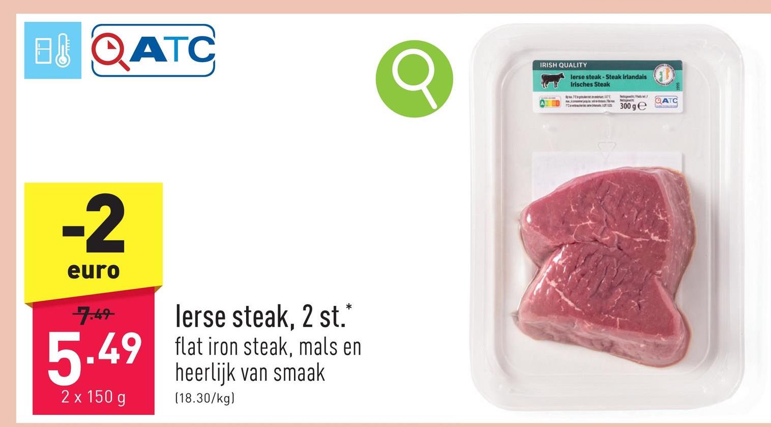 Ierse steak, 2 st. flat iron steak, mals en heerlijk van smaak, van Ierse runderen die grazen in groene, weelderige weides