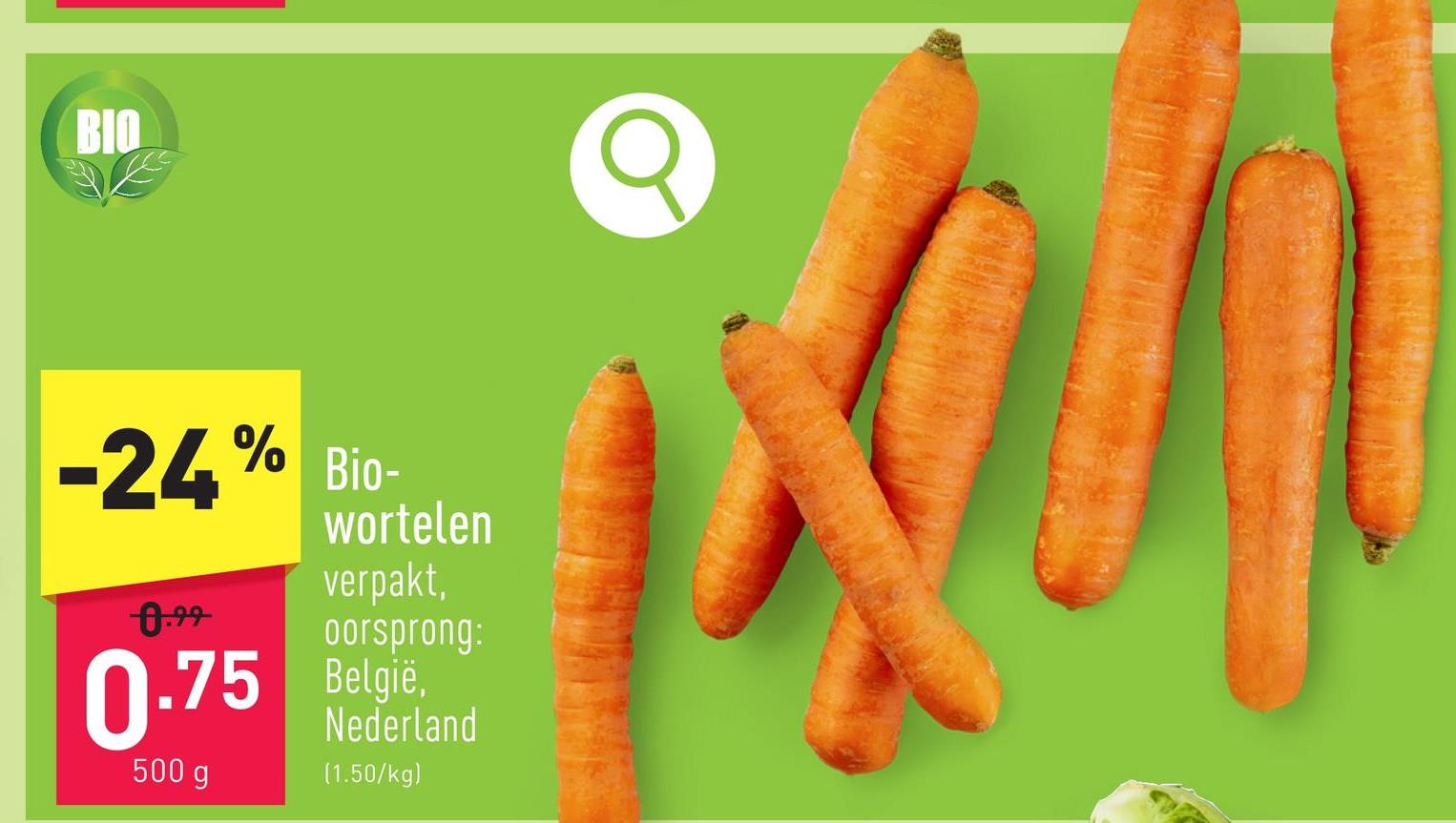 Biowortelen verpakt, oorsprong: België, Nederland