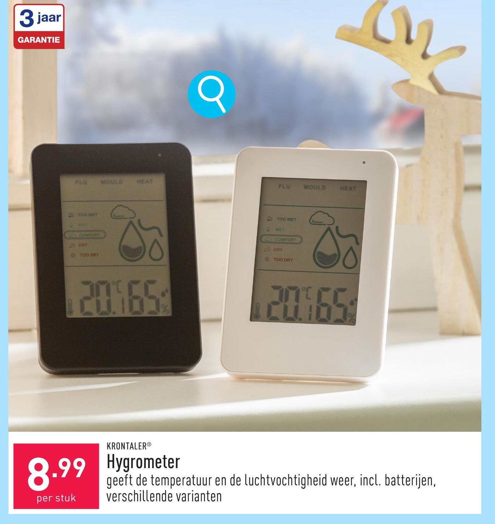 Hygrometer 115 x 80 x 18,5 mm, lcd-scherm, geeft temperatuur en luchtvochtigheid weer (5 niveaus), schimmelalarm met programmeerbare grenswaarden, bepaalt dauwpunt, om op te hangen of neer te zetten, incl. batterijen, keuze uit verschillende varianten