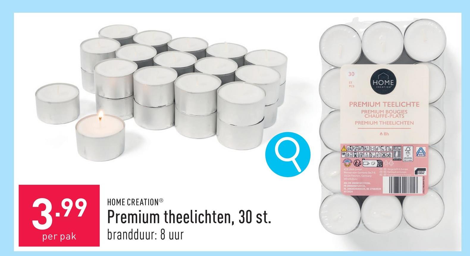 Premium theelichten, 30 st. brandduur: ca. 8 uur