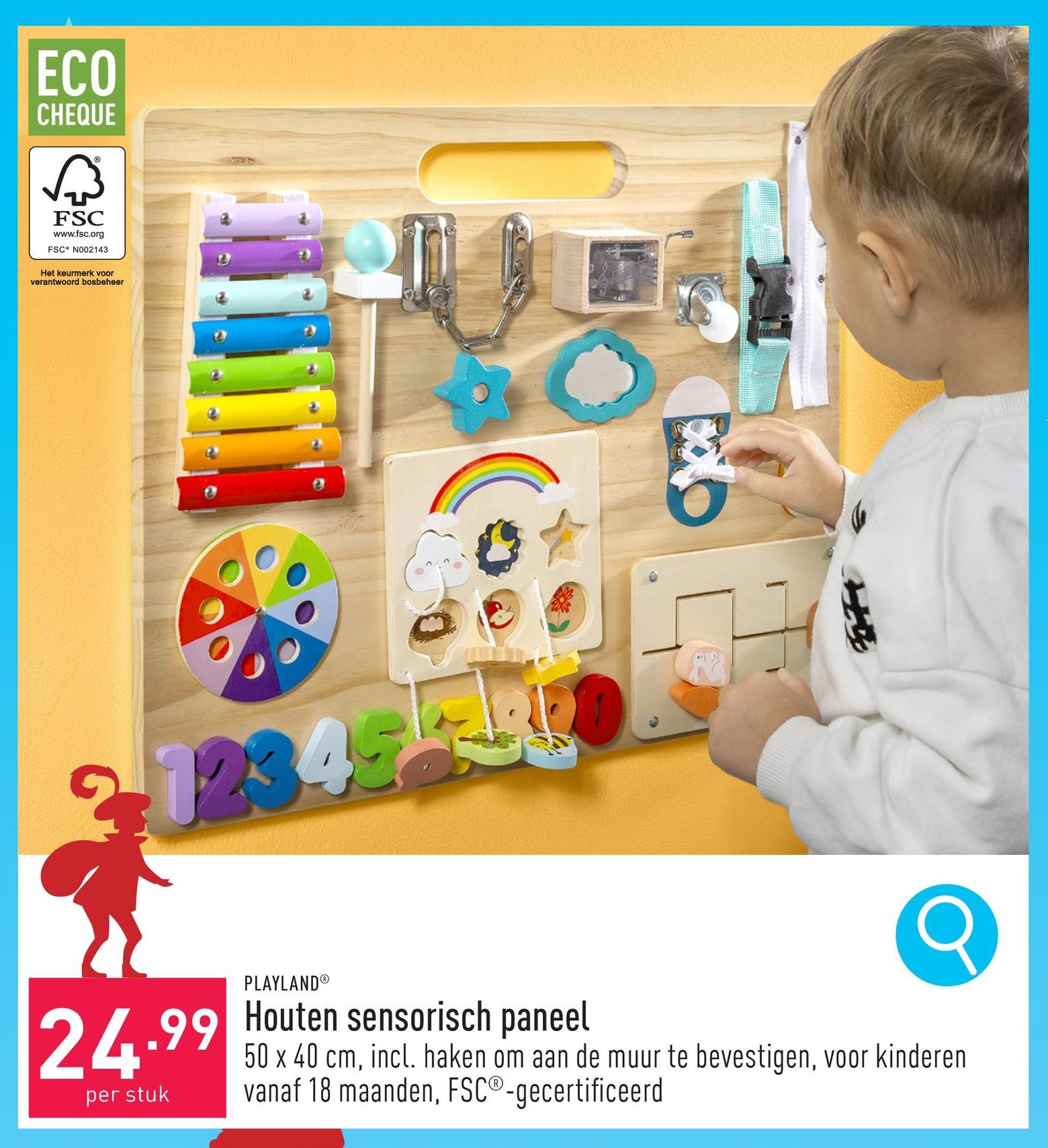 Houten sensorisch paneel 50 x 40 cm, geschikt voor kinderen vanaf 18 maanden, incl. haken om aan de muur te bevestigen, FSC®-gecertificeerd